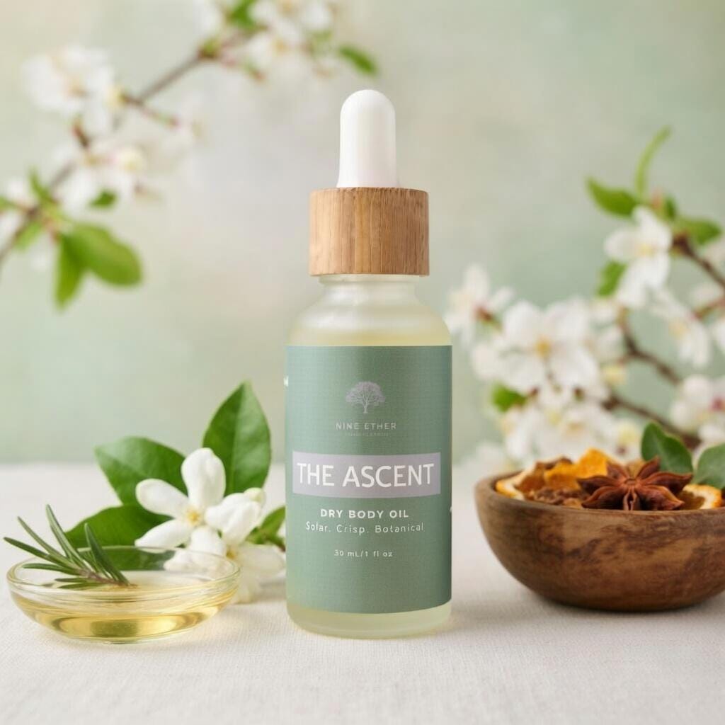 Bottle of 'The Ascent' dry body oil with a dropper on a light background with greenery.